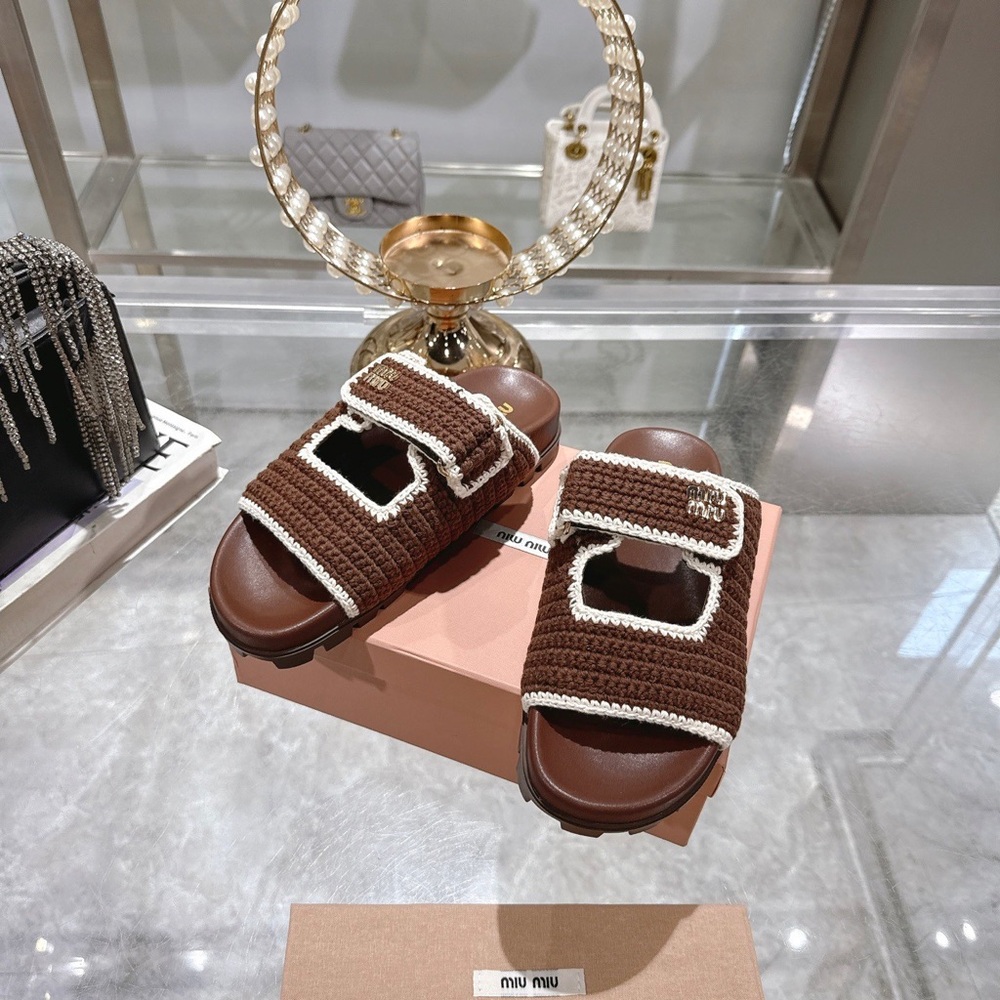 Miu Miu Brown Crochet Platform Slide Sandals - Picture 1 of 8